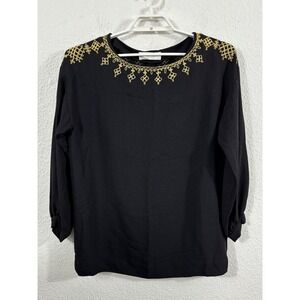 Vintage‎ Morton Myles Shirt Womens Large Black Gold Embroidered Blouse 80s